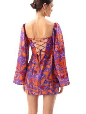 Movom Square Neck Mini Dress Mauve Orange Print Long Sleeve S